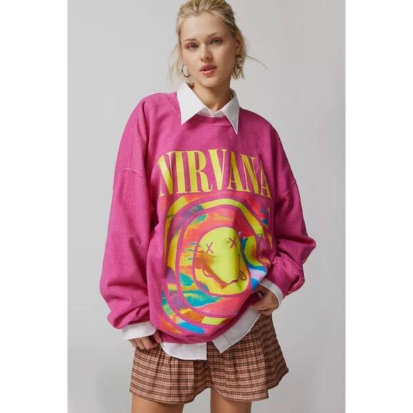 Urban Outfitters Nirvana Pink Smile Oversized Sweatshirt -Small/Medium - Picture 2 of 10